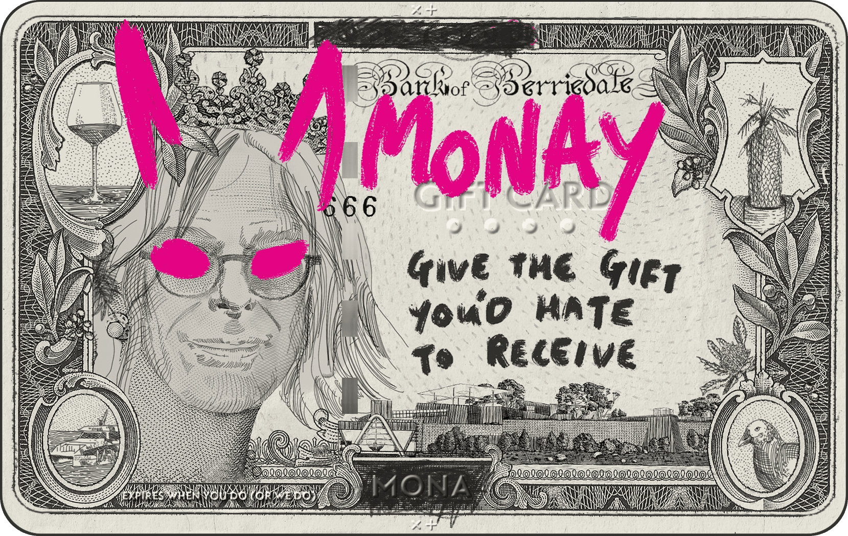 Picture of a Monay gift card with David Walsh's head, graffiti, and text "Gift the gift you'd hate to receive"